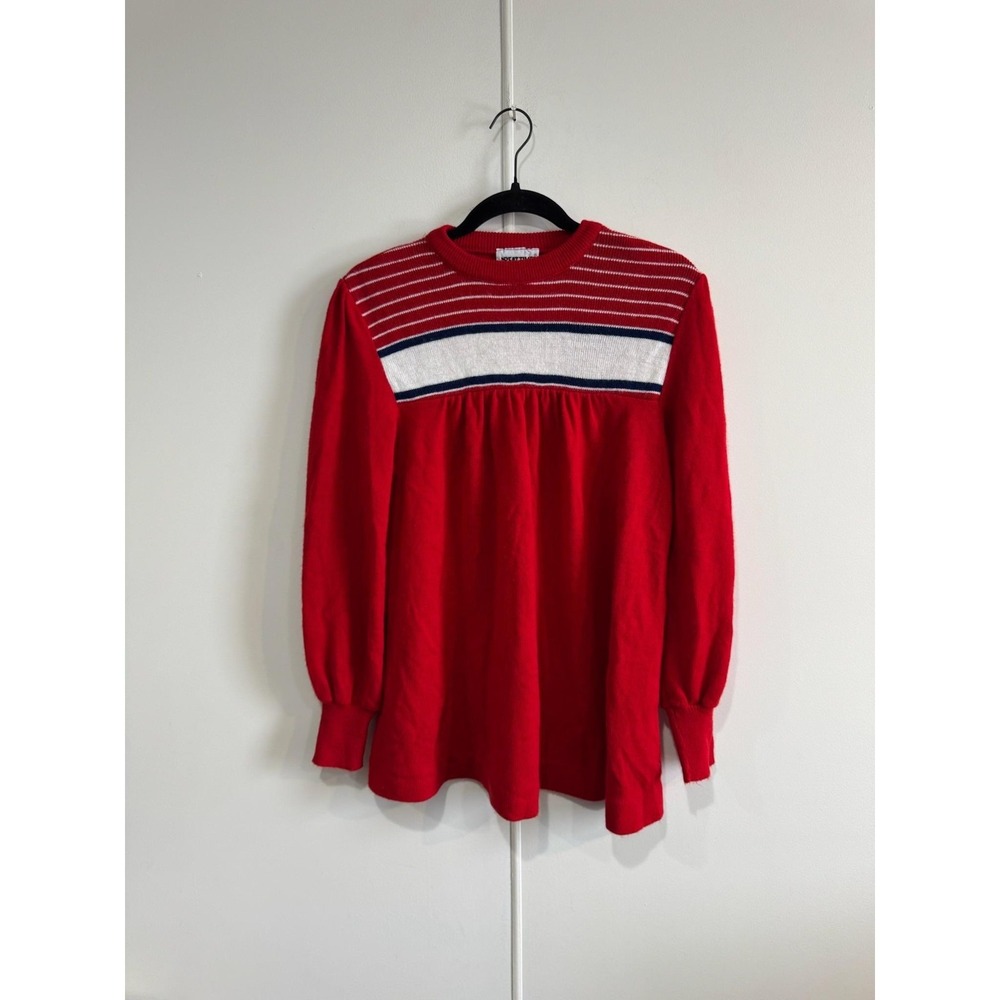 Vintage Great Times Sweater Womens Medium Red Stripe Tunic Puff Sleeve Knit USA